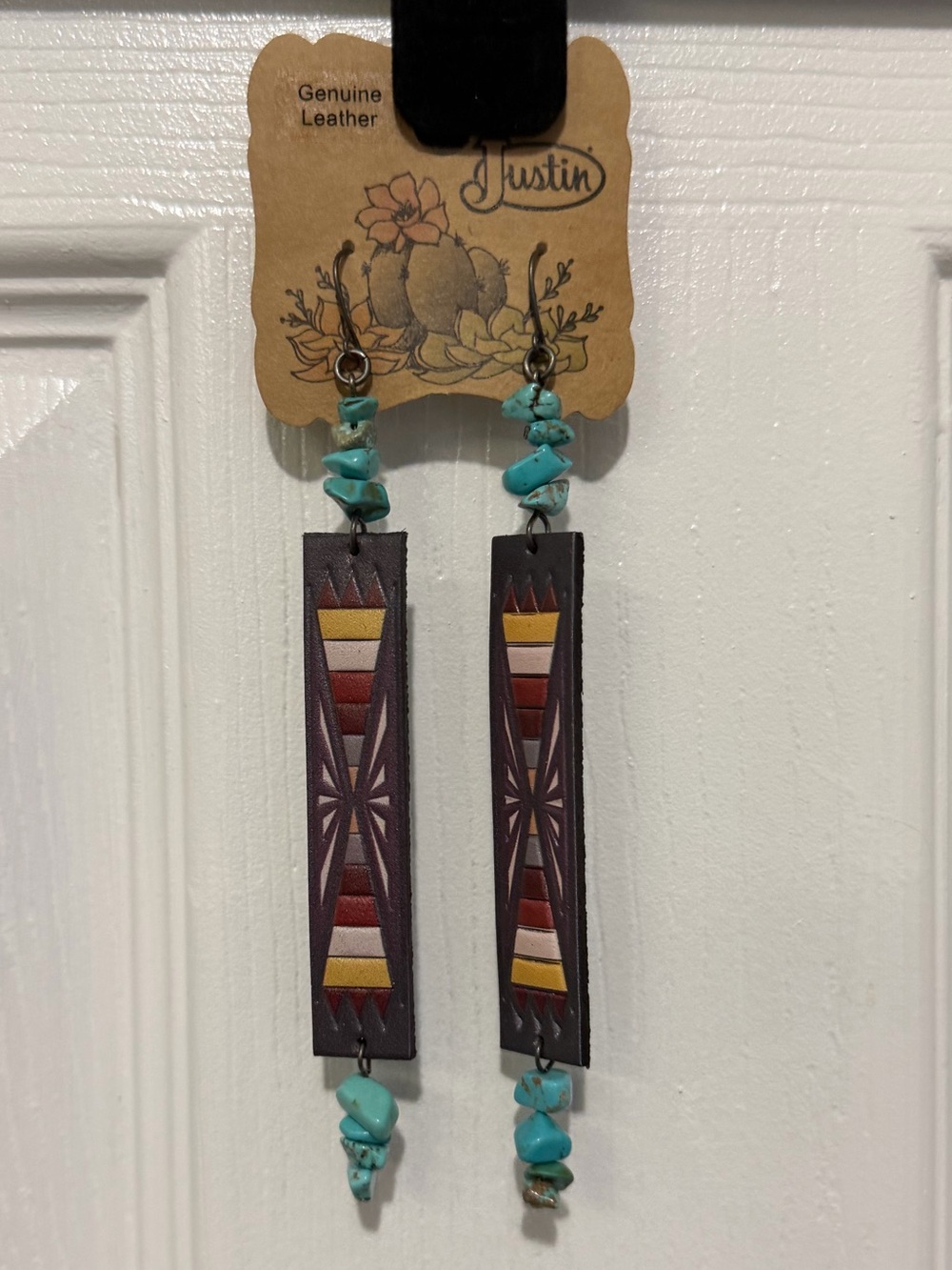 Justin Boots Turquoise and Brown Geometric Leather Dangle Earrings
